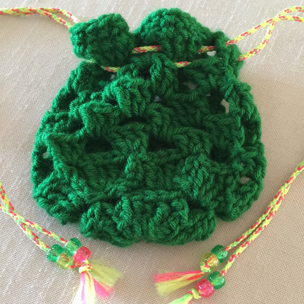 Hand Crafted Shamrock Bag Green Crochet with Yellow Drawstrings